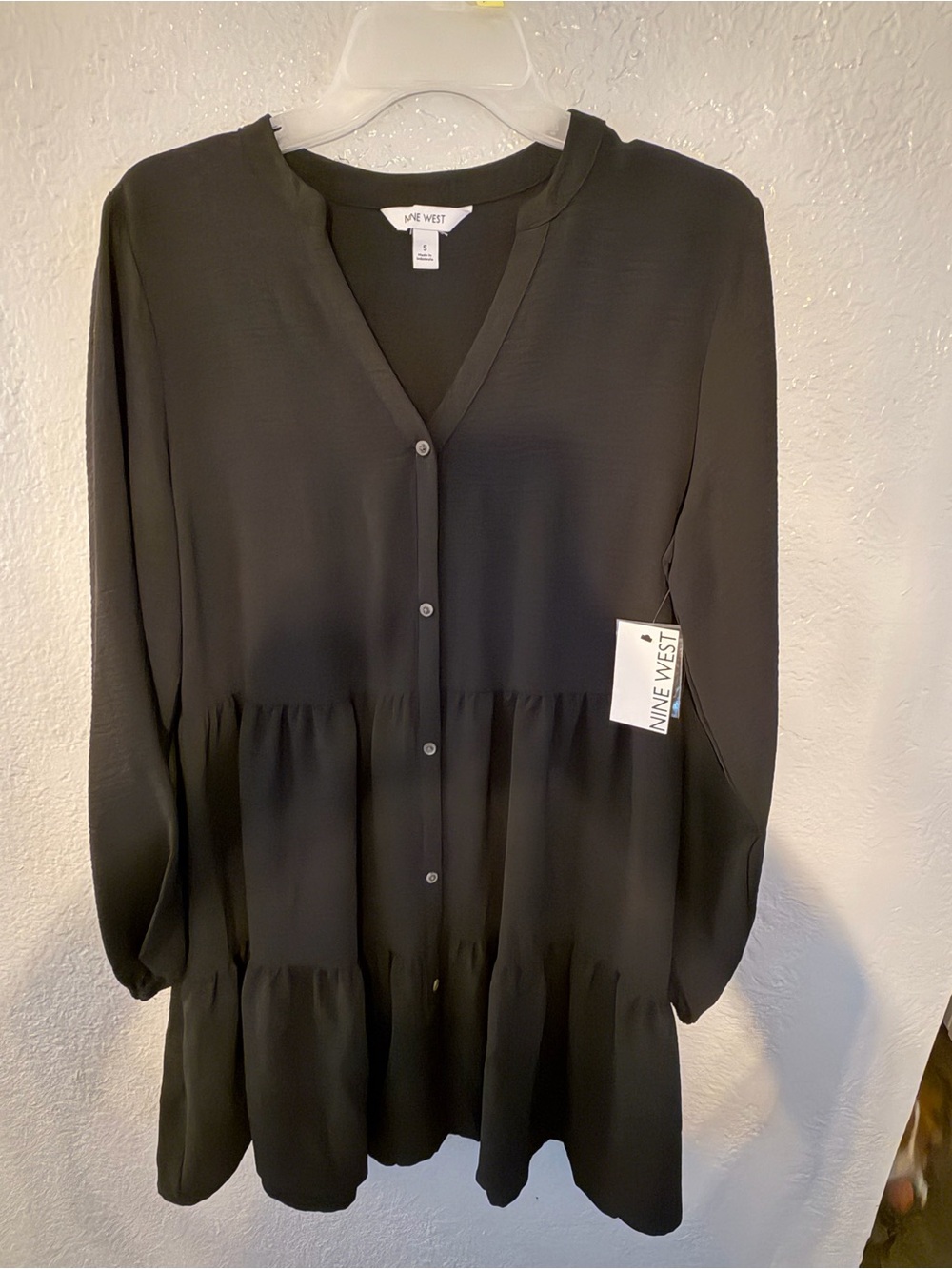 Nine West Black Long-Sleeve Tiered Button Dress